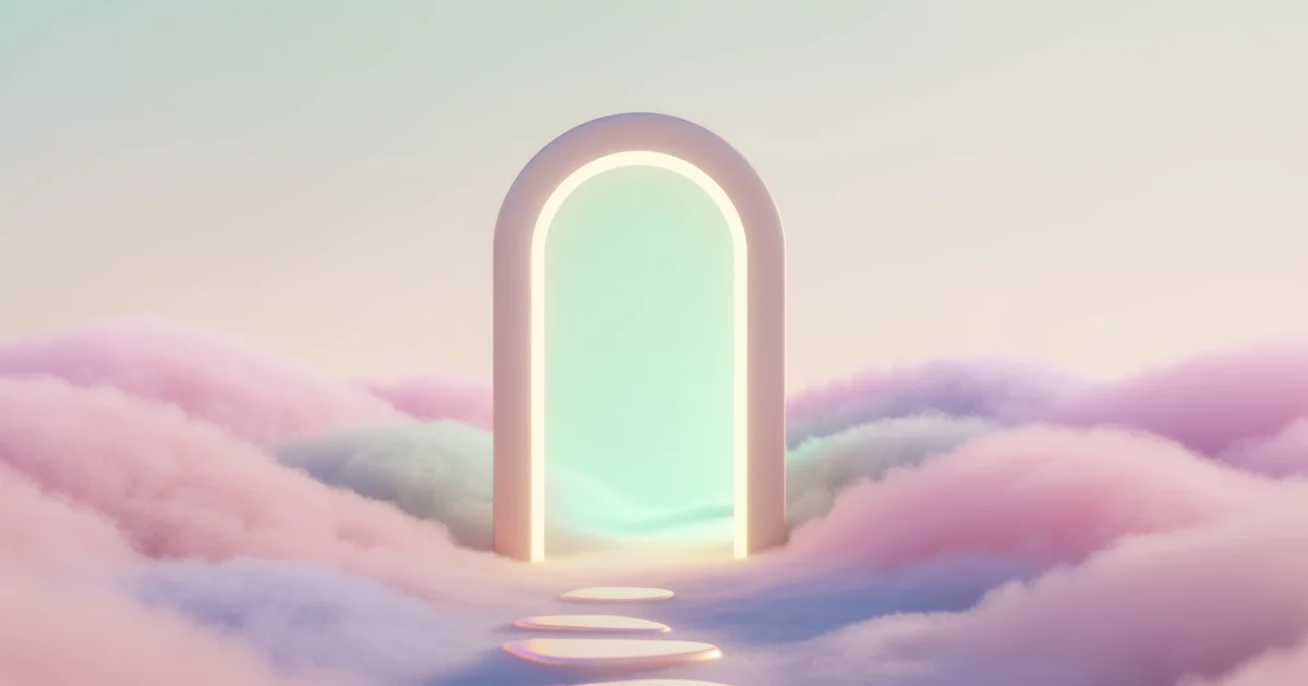 Soft 3D illustration of a gentle glowing doorway in warm clouds, representing the decision to seek therapy for anxiety