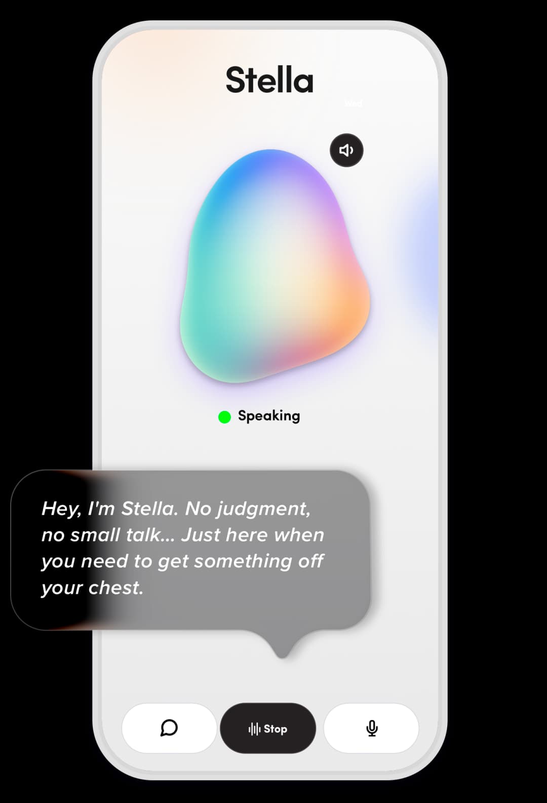 Stella voice interface showing conversation with voice-to-text transcription and calm response from AI companion